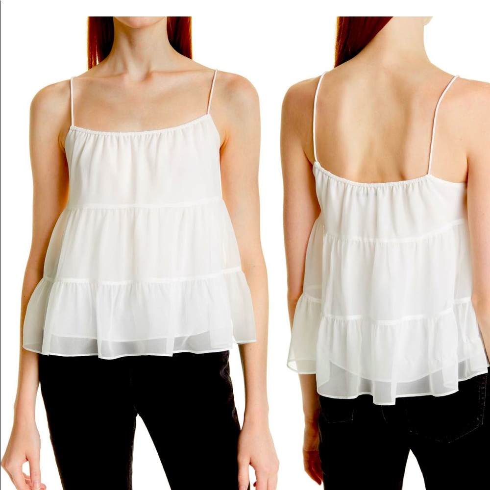 Alice and Olivia Tish Tiered Ruffled Silk Blouse Tank In Off White - size Med